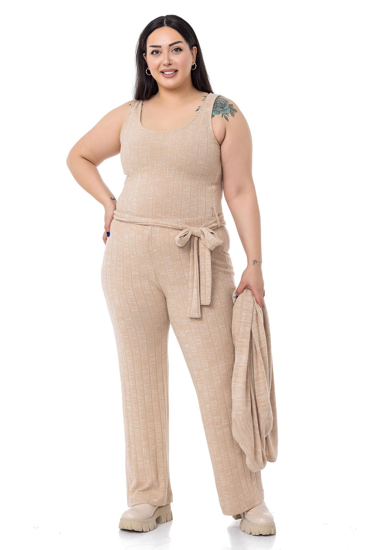 Plus Size Jumpsuit Cardigan Knitwear Beige Double Set