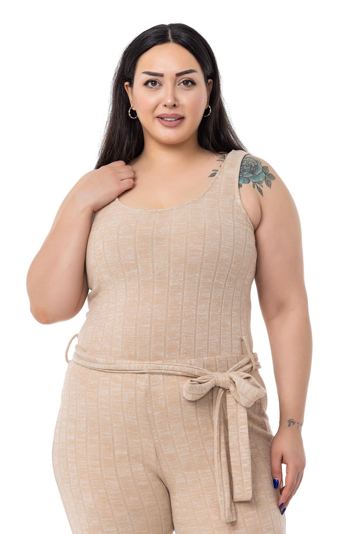 Plus Size Jumpsuit Cardigan Knitwear Beige Double Set