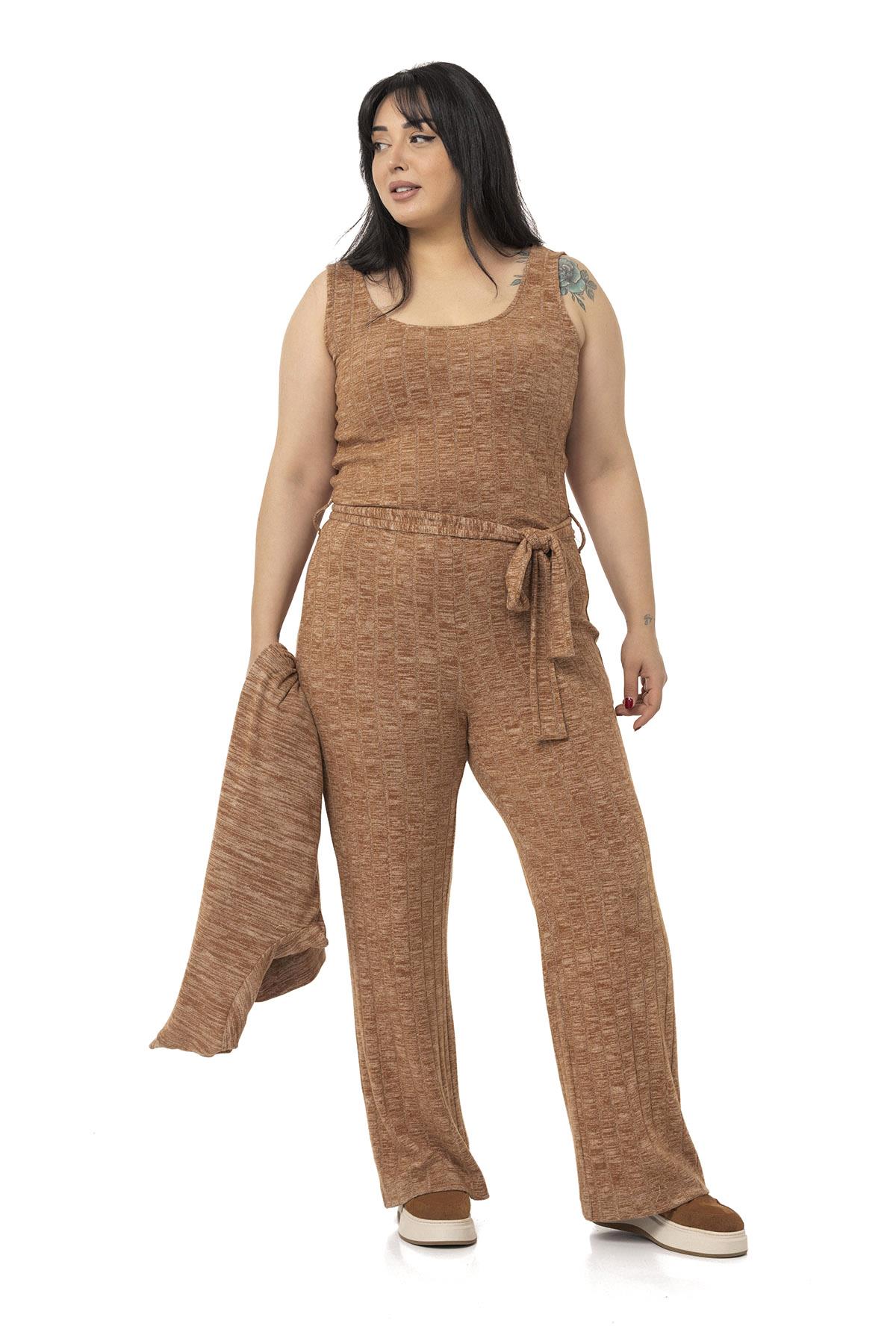 Plus Size Jumpsuit Cardigan Knitwear Brown Double Set