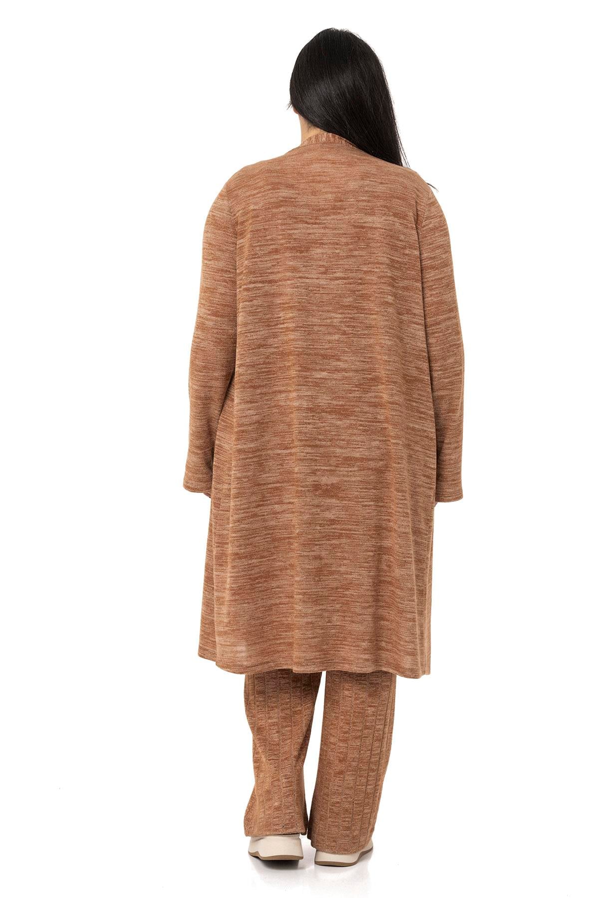 Plus Size Jumpsuit Cardigan Knitwear Brown Double Set