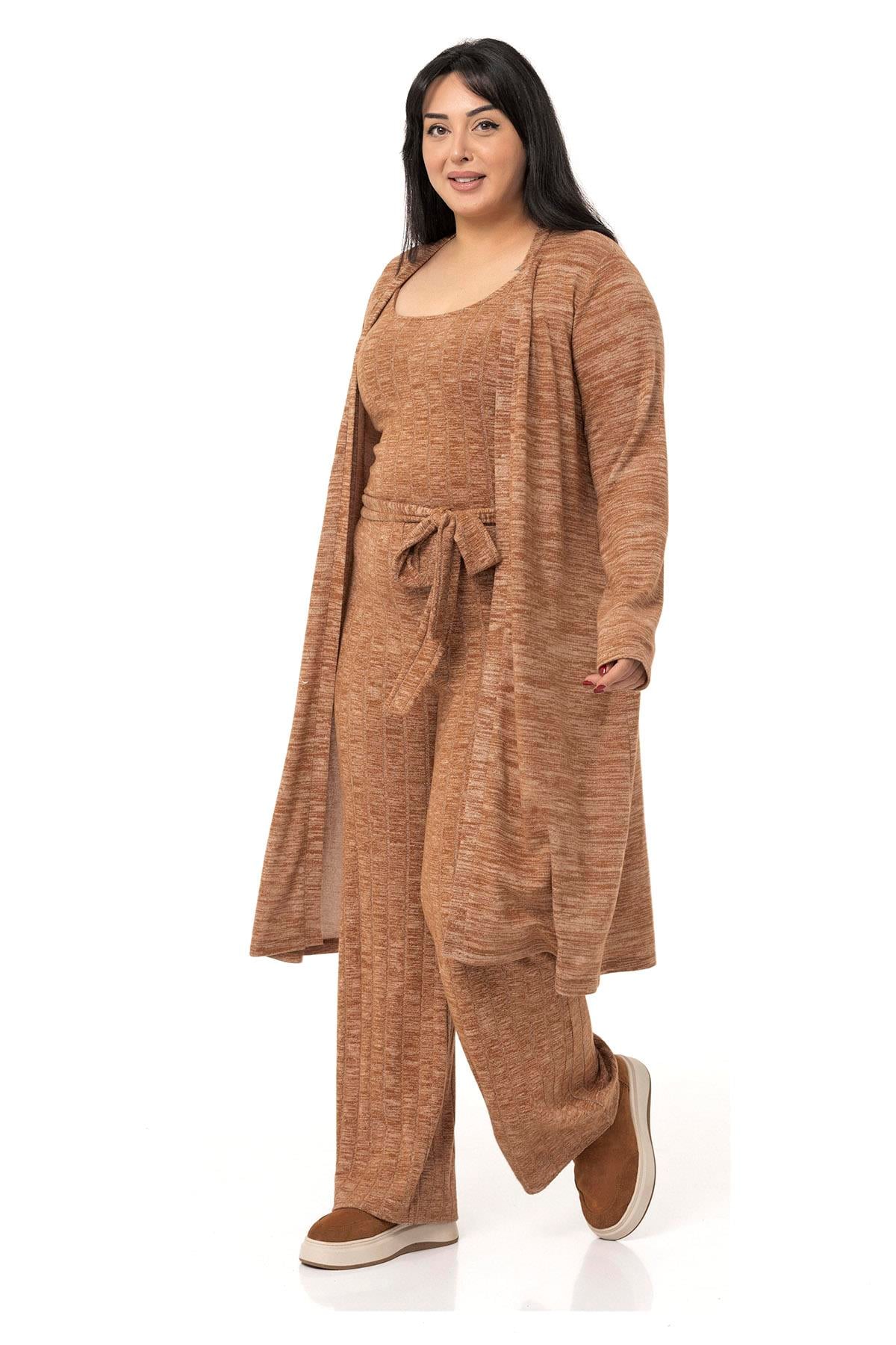 Plus Size Jumpsuit Cardigan Knitwear Brown Double Set
