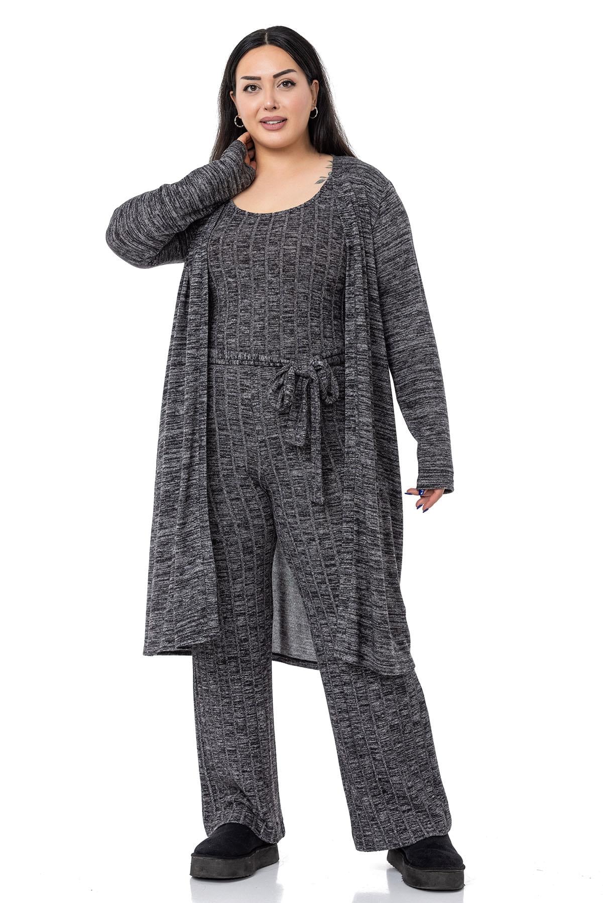 Plus Size Jumpsuit Cardigan Knitwear Black Double Set