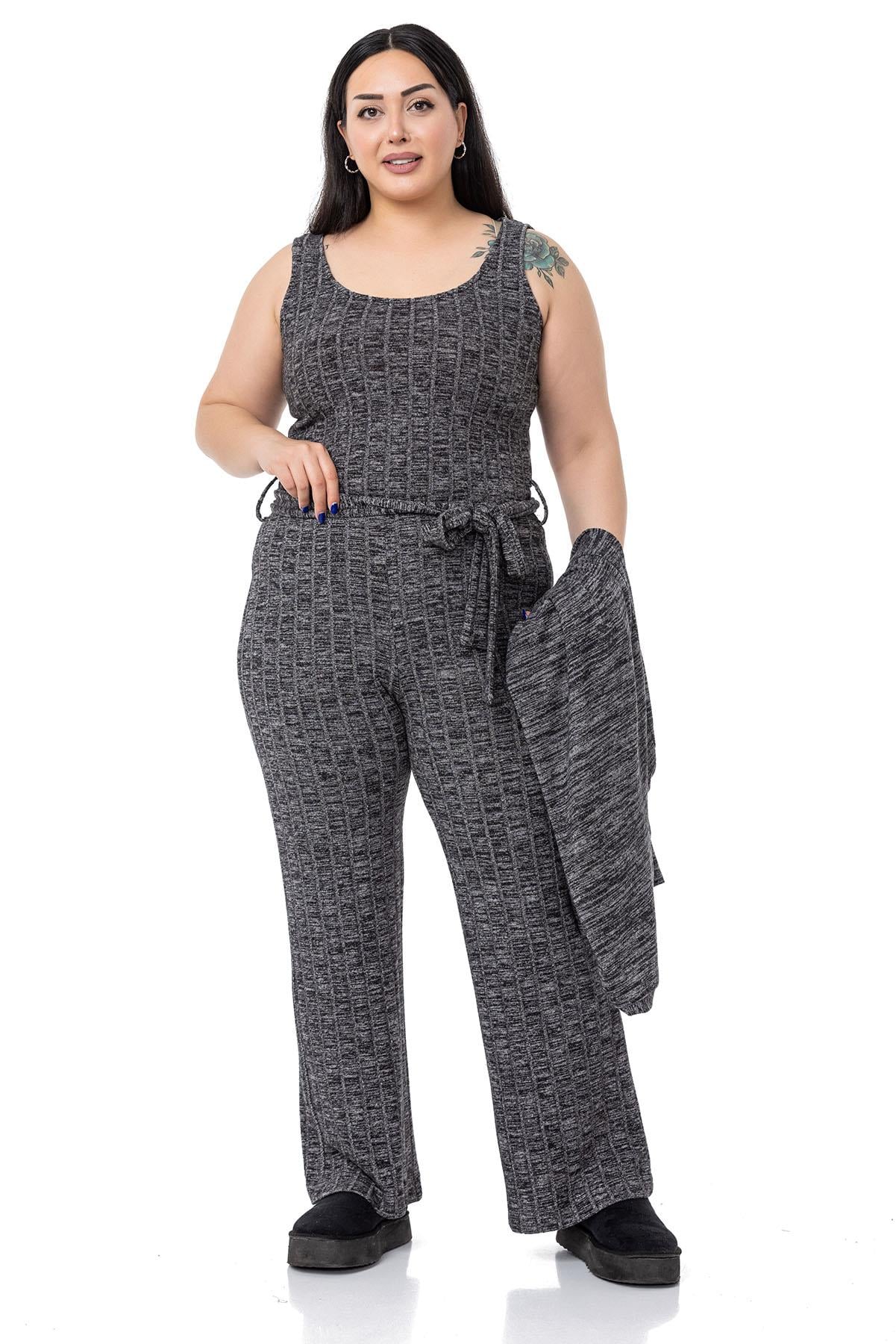 Plus Size Jumpsuit Cardigan Knitwear Black Double Set