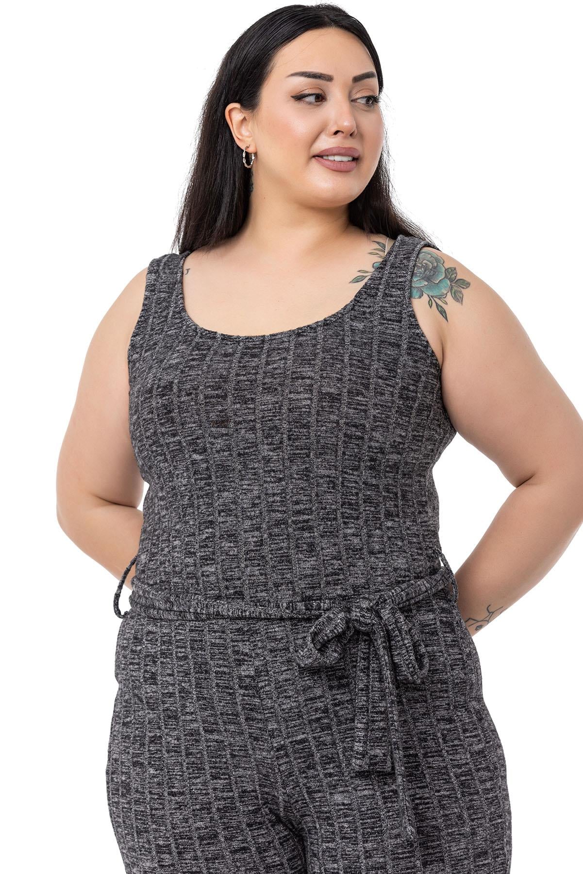 Plus Size Jumpsuit Cardigan Knitwear Black Double Set