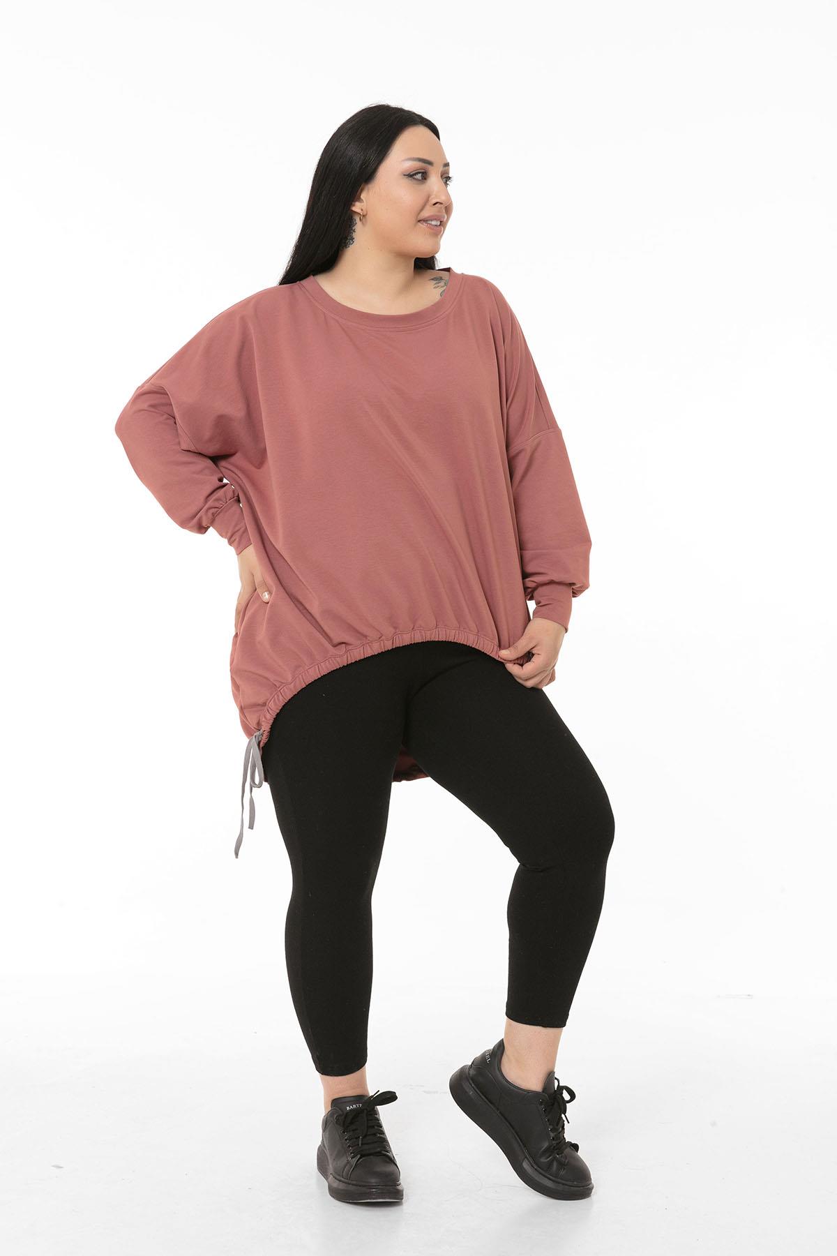 Büyük Beden Asimetrik Kesim Bağcık Detaylı Yarım Kollu Pembe Sweatshirt