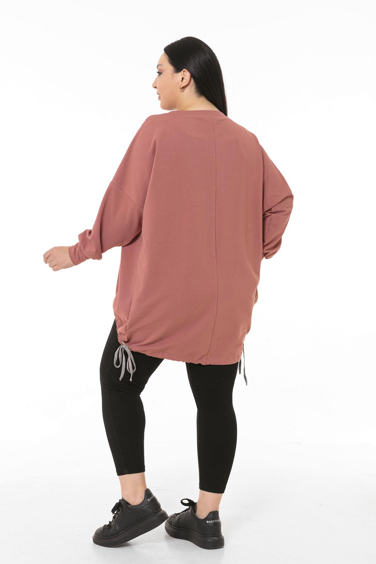 Büyük Beden Asimetrik Kesim Bağcık Detaylı Yarım Kollu Pembe Sweatshirt