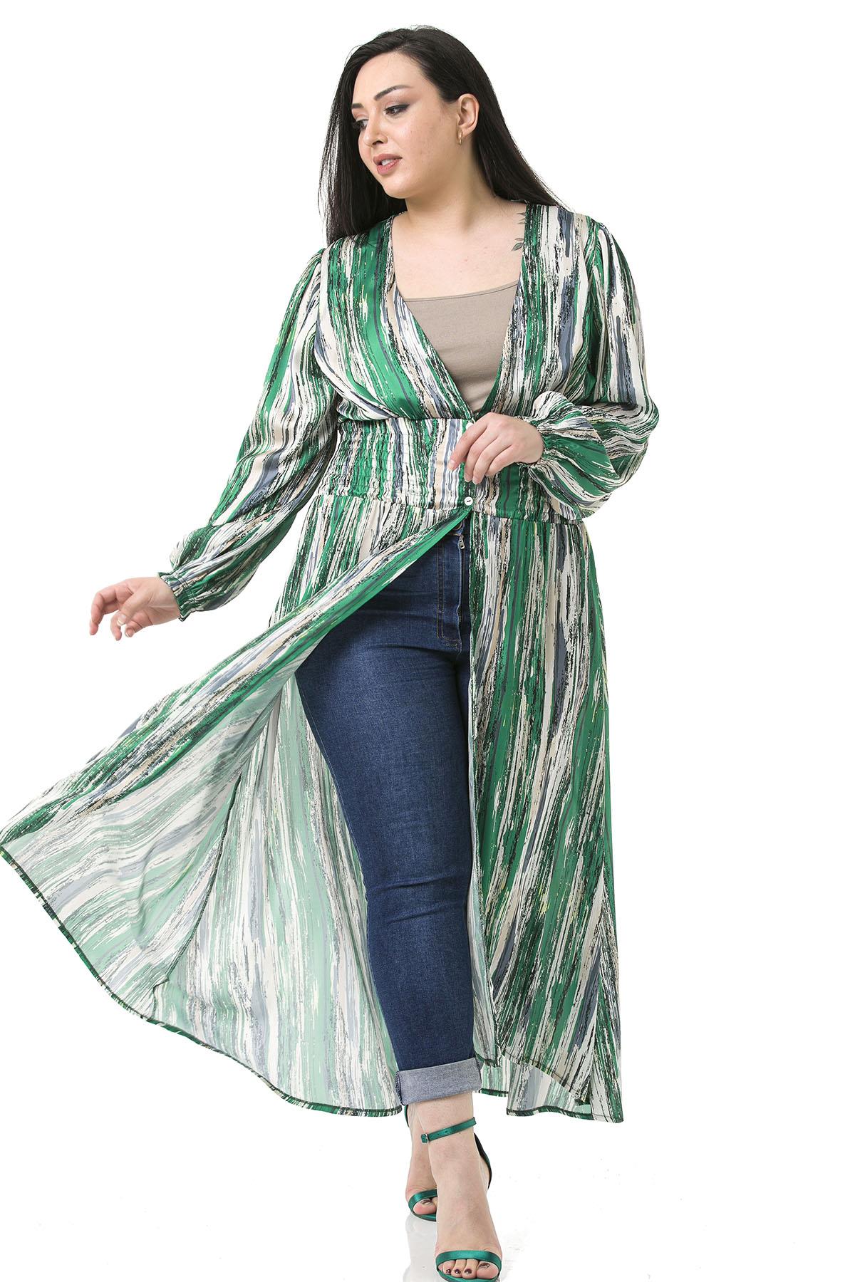 Büyük Beden Beli Gipeli ve Düğmeli Maksi Boy Uzun Kollu Yeşil Kimono