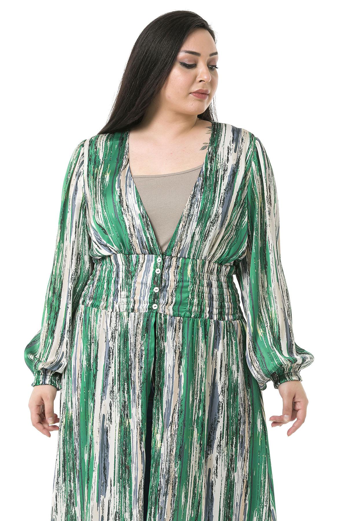 Büyük Beden Beli Gipeli ve Düğmeli Maksi Boy Uzun Kollu Yeşil Kimono