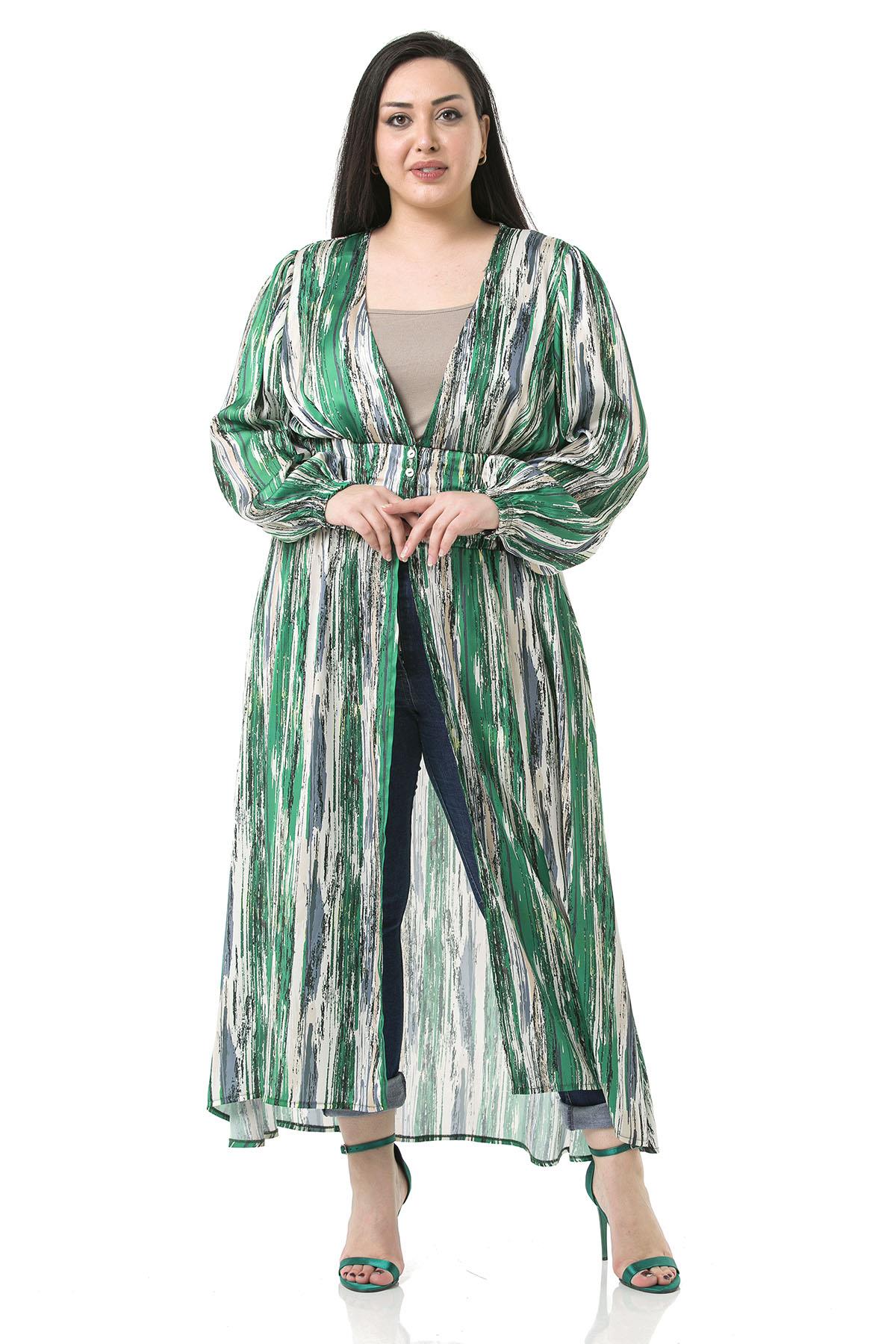 Büyük Beden Beli Gipeli ve Düğmeli Maksi Boy Uzun Kollu Yeşil Kimono