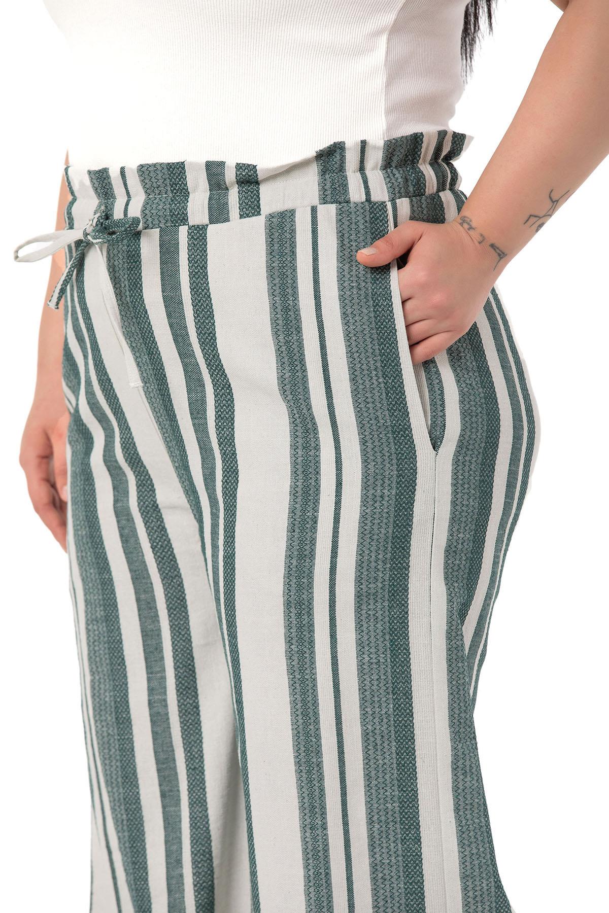 Büyük Beden Beli Lastikli ve Bağcıklı Geniş Paça Krem Yeşil Pantolon