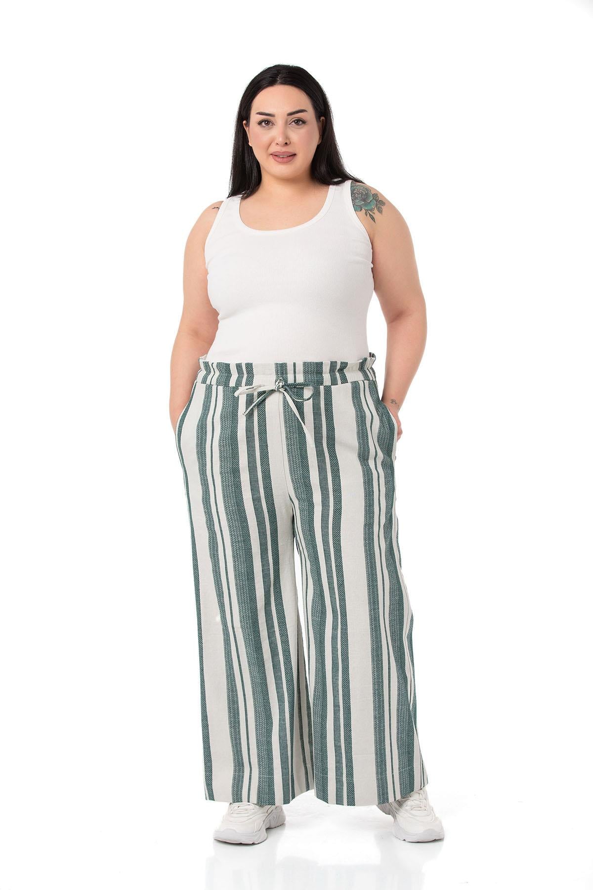Büyük Beden Beli Lastikli ve Bağcıklı Geniş Paça Krem Yeşil Pantolon