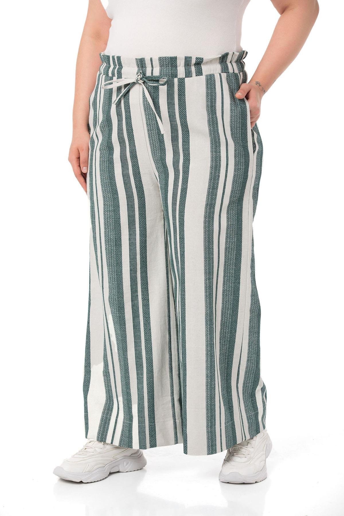 Büyük Beden Beli Lastikli ve Bağcıklı Geniş Paça Krem Yeşil Pantolon