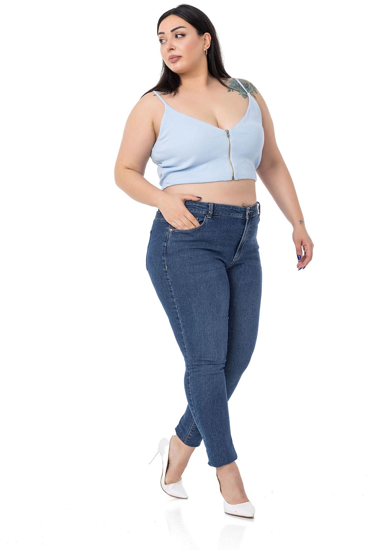 Büyük Beden İp Askılı V Yakalı Fermuar Detaylı Crop Mavi Body