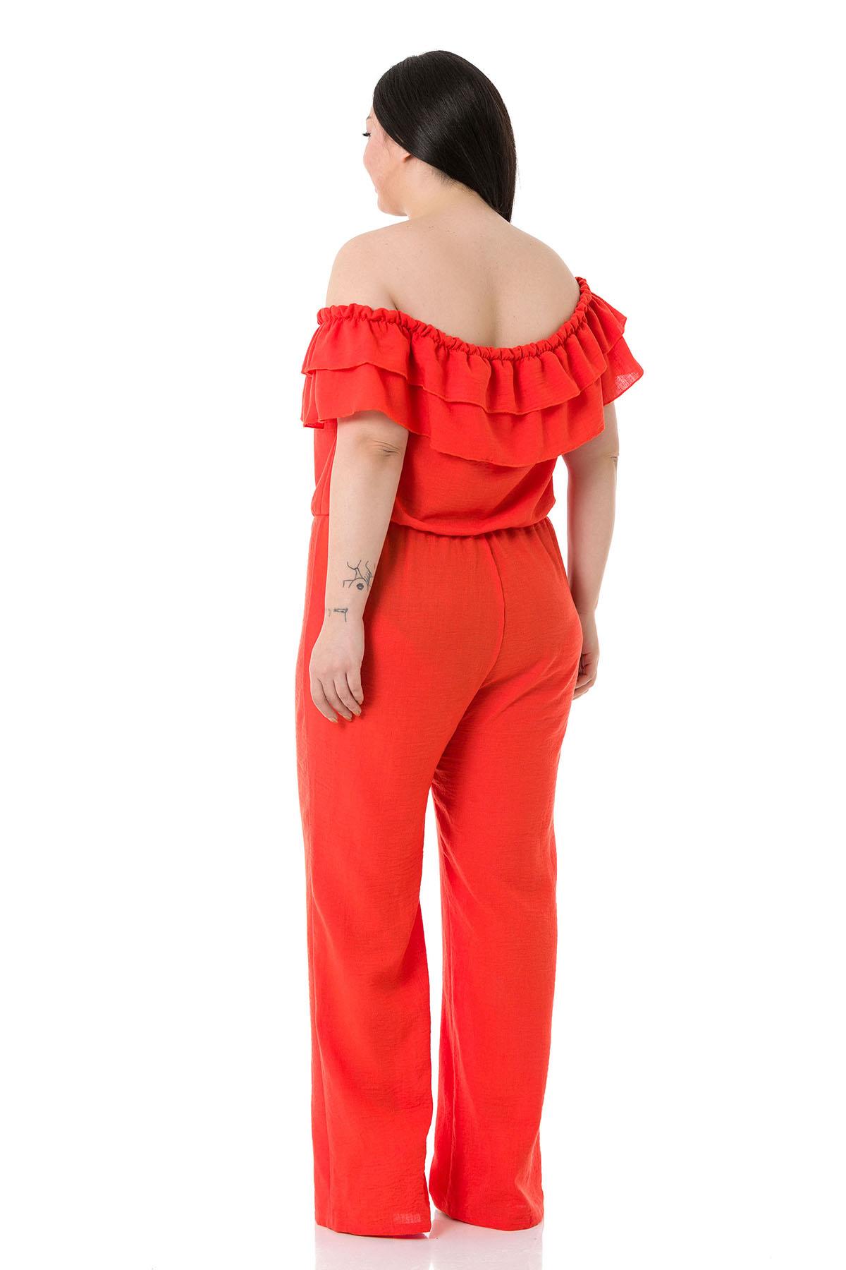 Büyük Beden Kayık Yaka Geniş Paça Oranj Tulum
