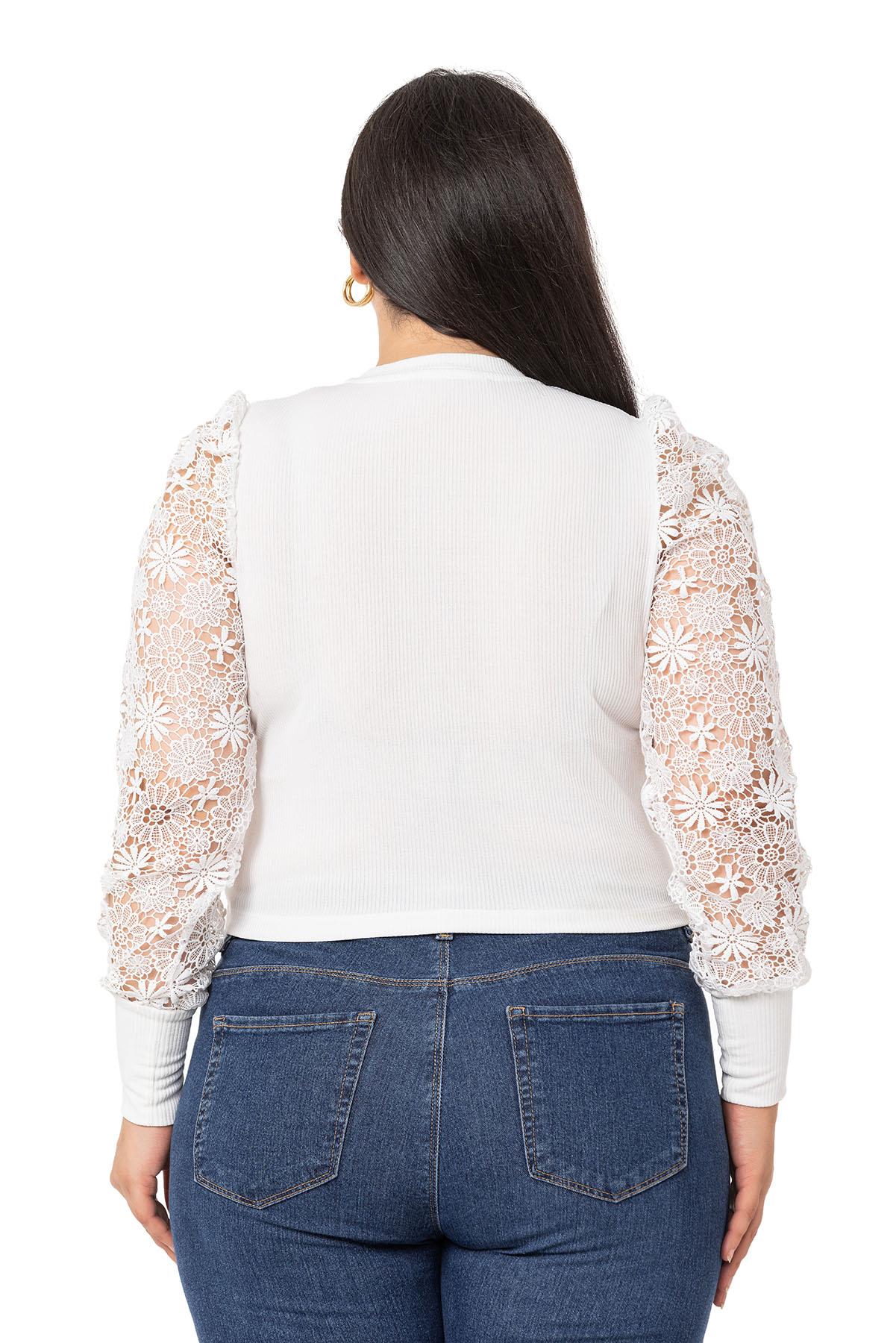 Büyük Beden Kolları Dantelli Kol Ağzı Manşetli Kaşkorse Beyaz Body