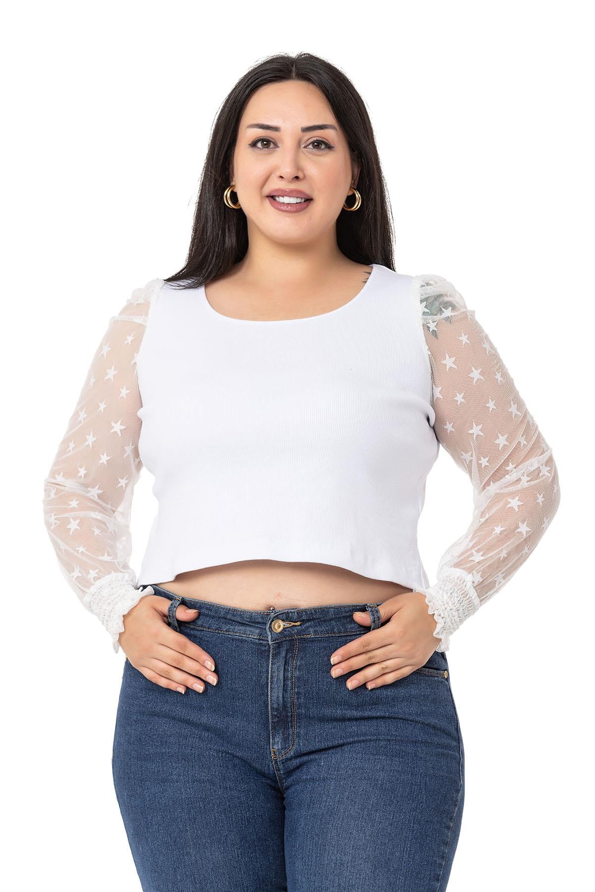 Büyük Beden Kolları Tül Kol Ağzı Gipeli Kaşkorse Beyaz Body
