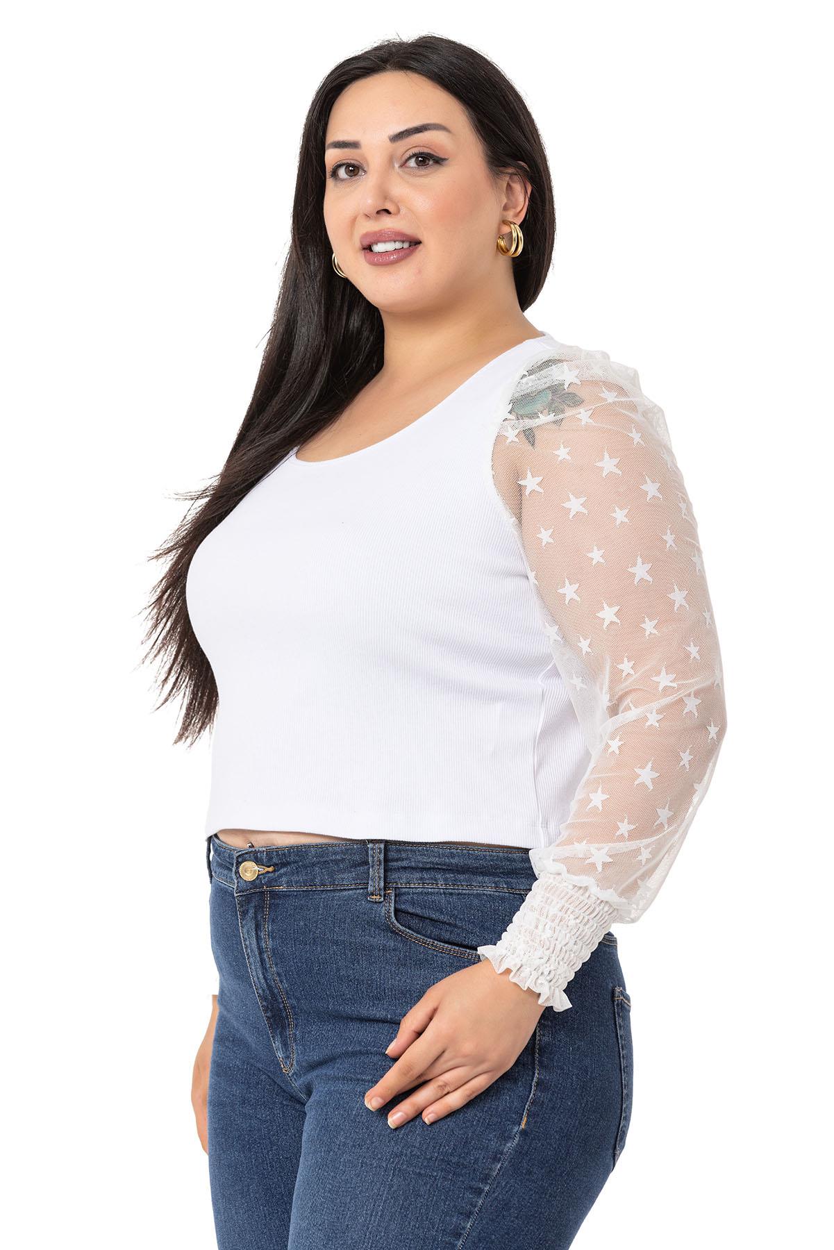 Büyük Beden Kolları Tül Kol Ağzı Gipeli Kaşkorse Beyaz Body