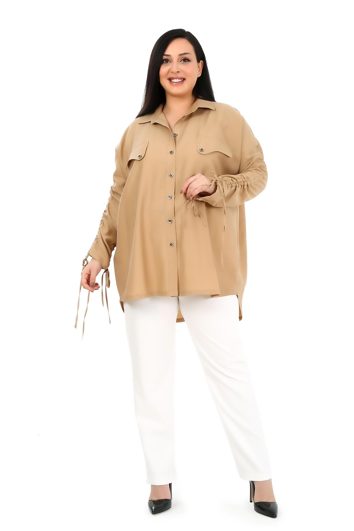 Büyük Beden Kolları Tünelli Kapalı Cepli Oversize Camel Gömlek 