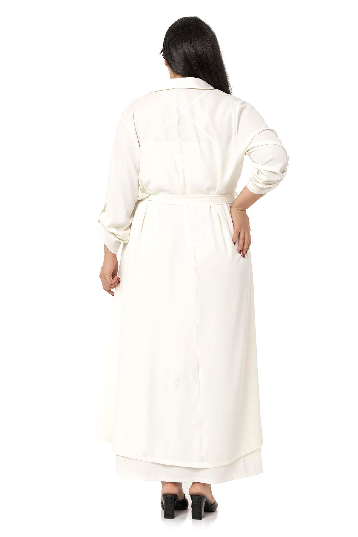 Büyük Beden Kuşak Detaylı Gömlek Yaka Beyaz Kimono