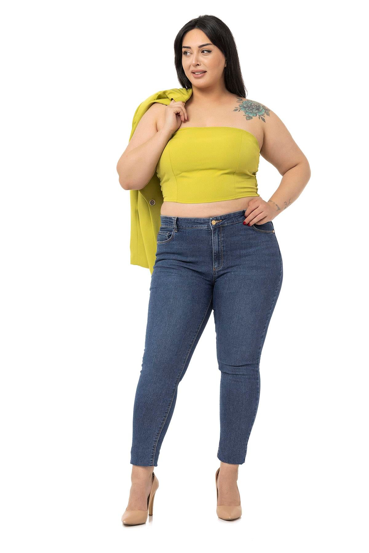 Büyük Beden Vatkalı Tek Düğme Ceket ve Straplez Body Yeşil İkili Takım