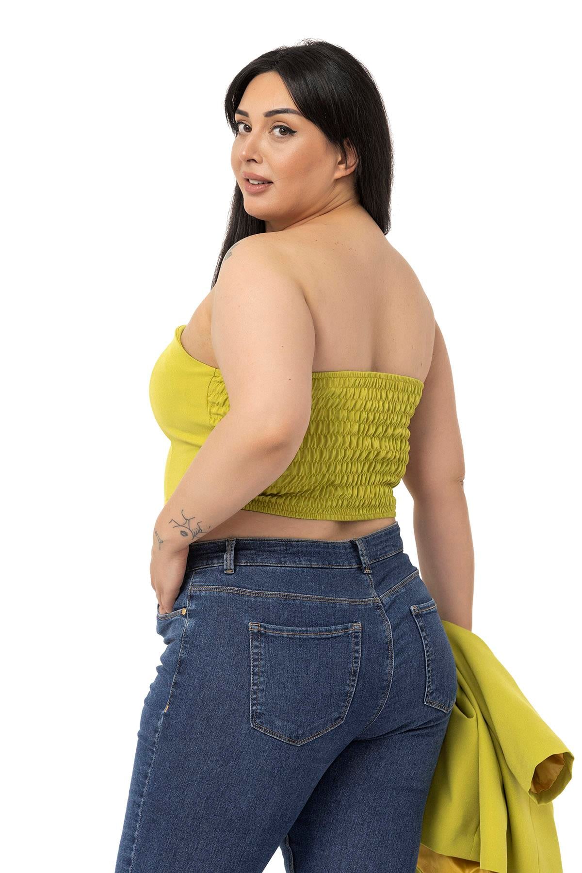 Büyük Beden Vatkalı Tek Düğme Ceket ve Straplez Body Yeşil İkili Takım