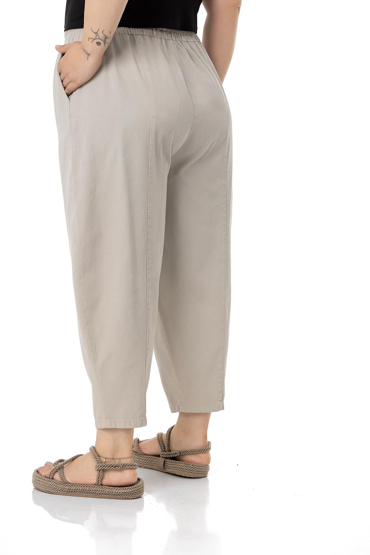 Büyük Beden Yarım Şalvar Beli Lastikli Krem Pantolon