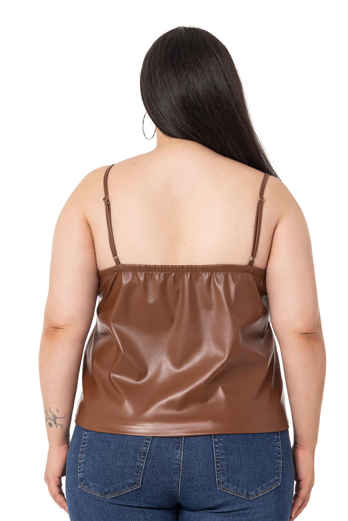 Plus Size Adjustable Thin Strap Elastic Back Leather Amber Blouse