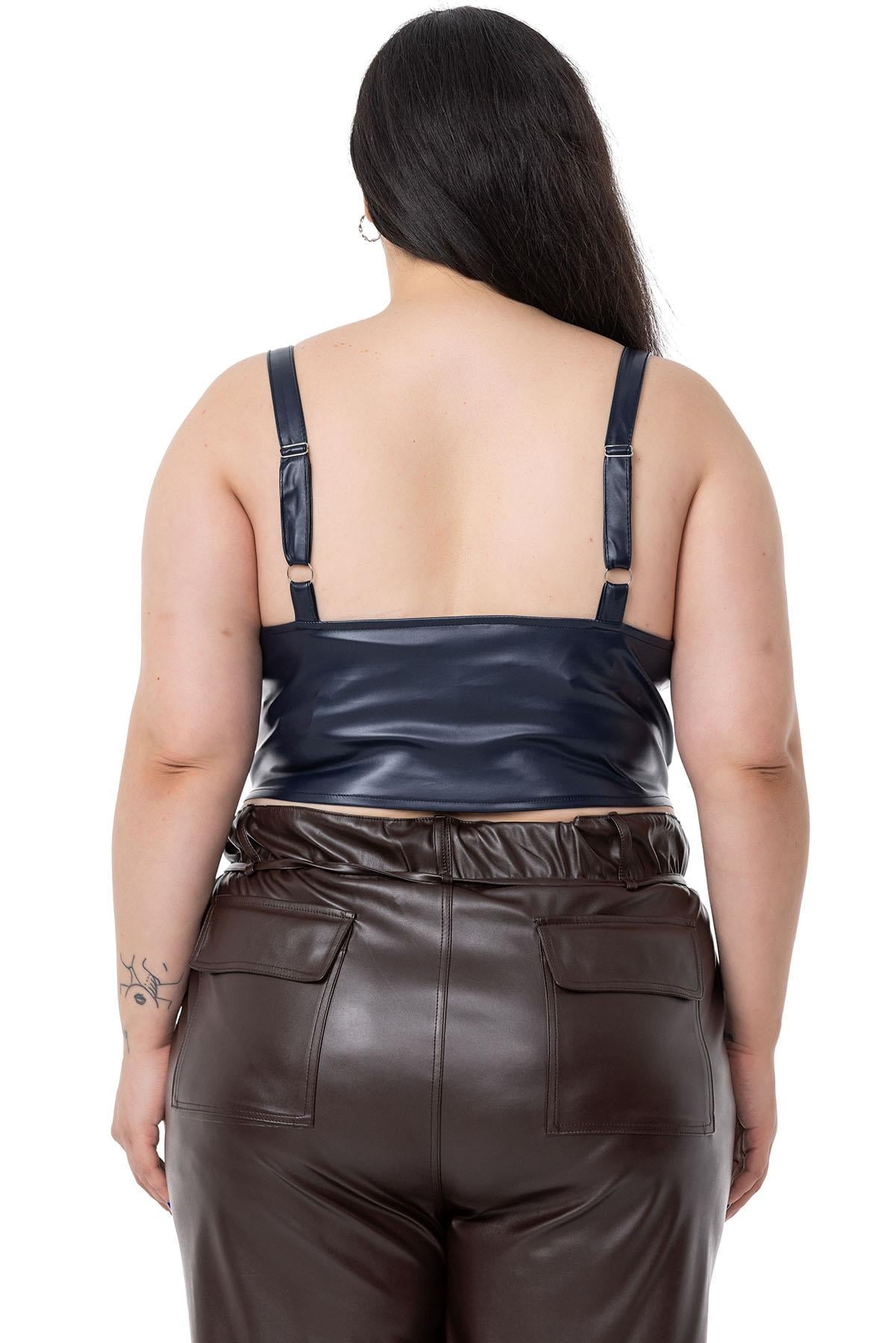 Plus Size Adjustable Thin Strap Crop Leather Navy Blue Bustier