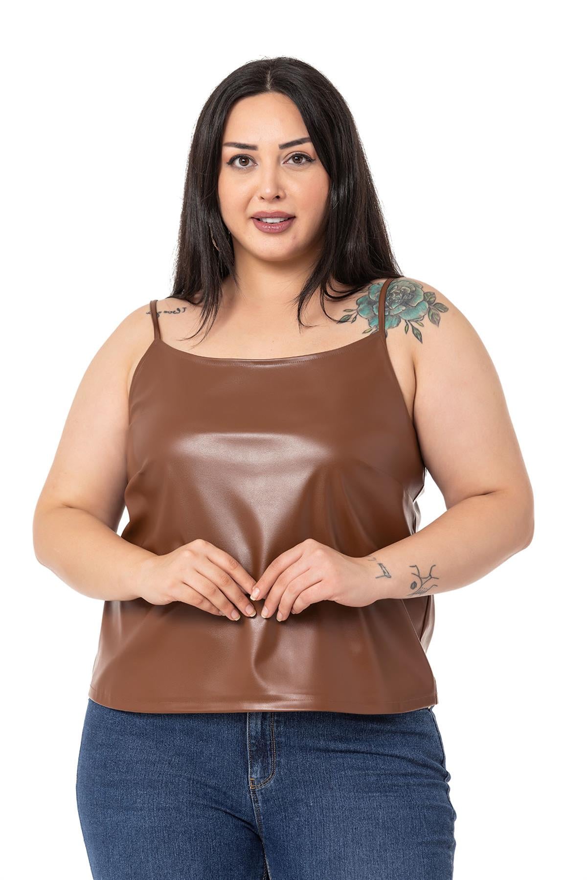 Plus Size Adjustable Thin Strap Elastic Back Leather Amber Blouse
