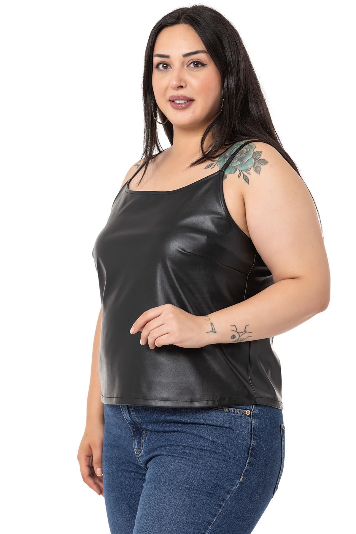 Plus Size Adjustable Thin Strap Elastic Back Leather Black Blouse