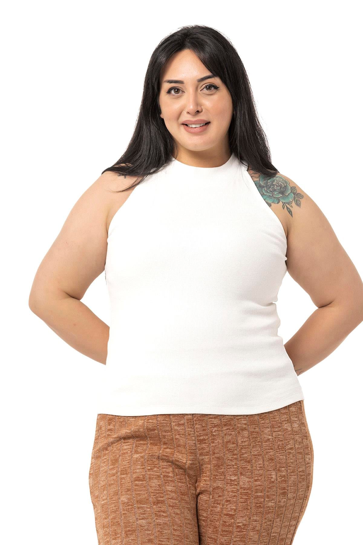 Büyük Beden Halter Yaka Yarım Balıkçı Fitilli Kaşkorse Ekru Body