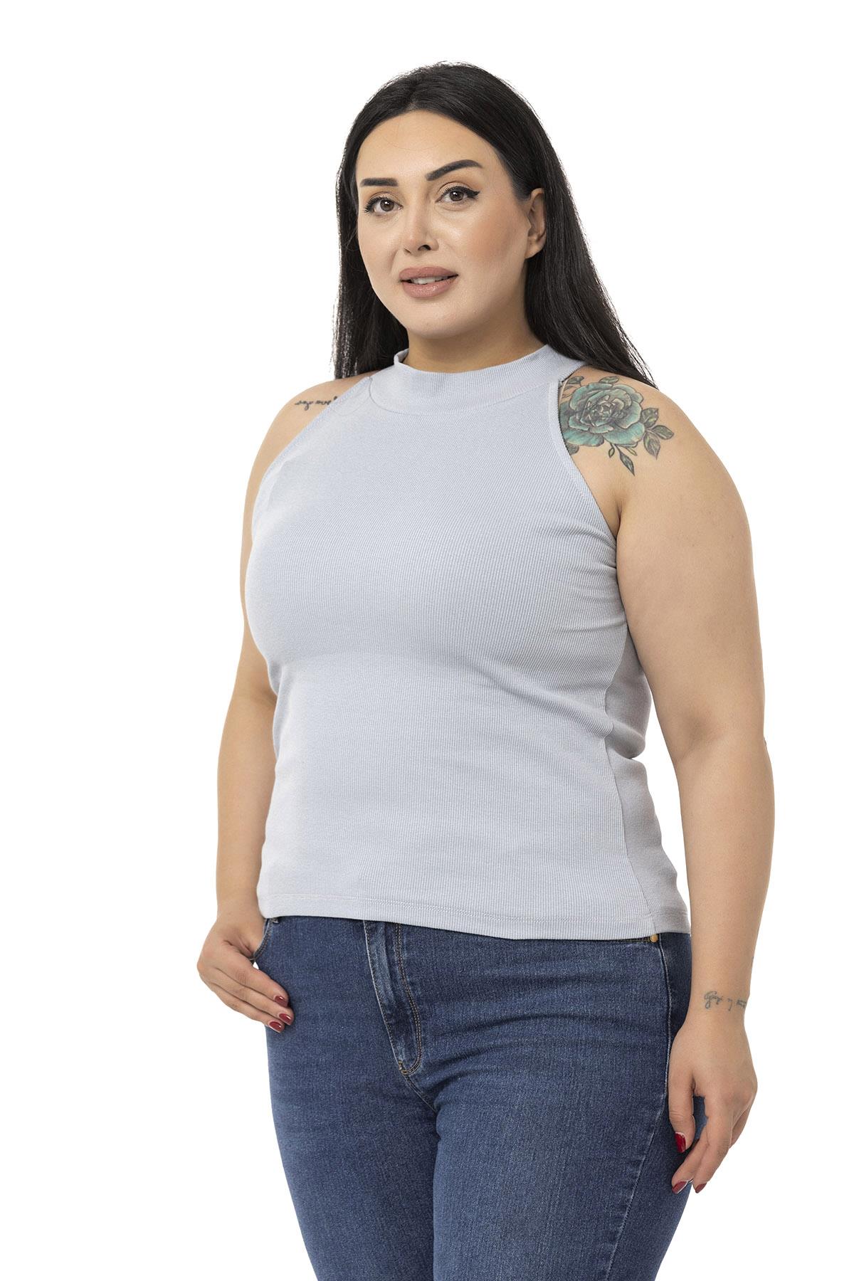 Büyük Beden Halter Yaka Yarım Balıkçı Fitilli Kaşkorse Gri Body