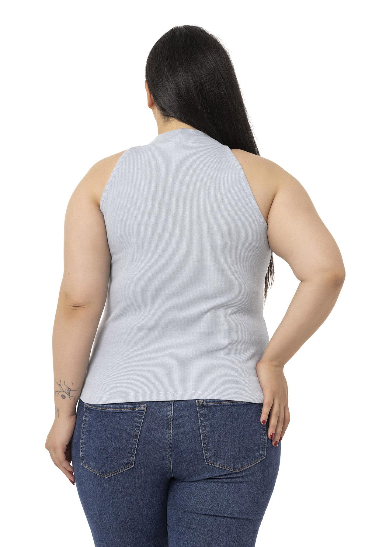Büyük Beden Halter Yaka Yarım Balıkçı Fitilli Kaşkorse Gri Body