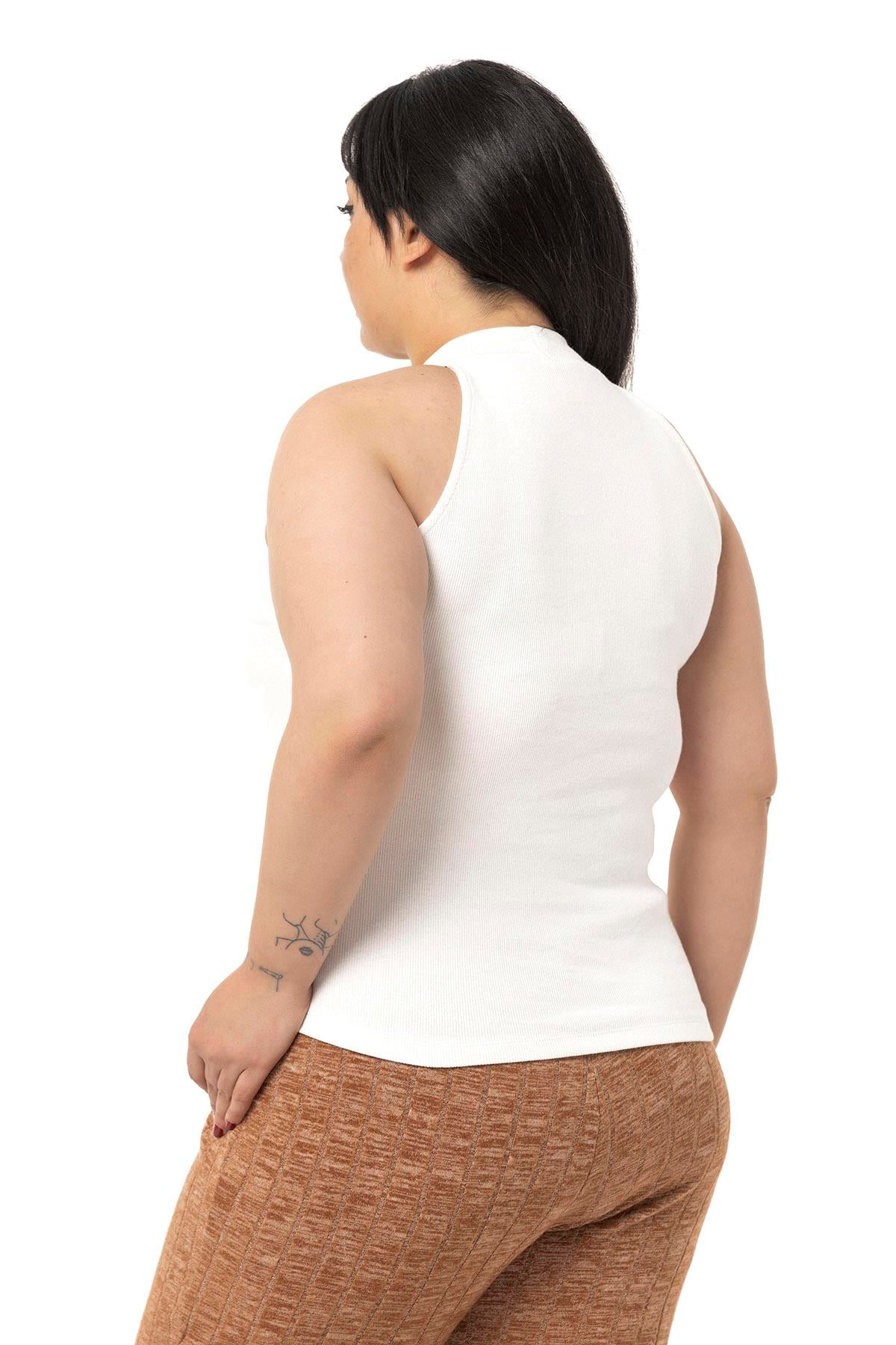 Büyük Beden Halter Yaka Yarım Balıkçı Fitilli Kaşkorse Ekru Body