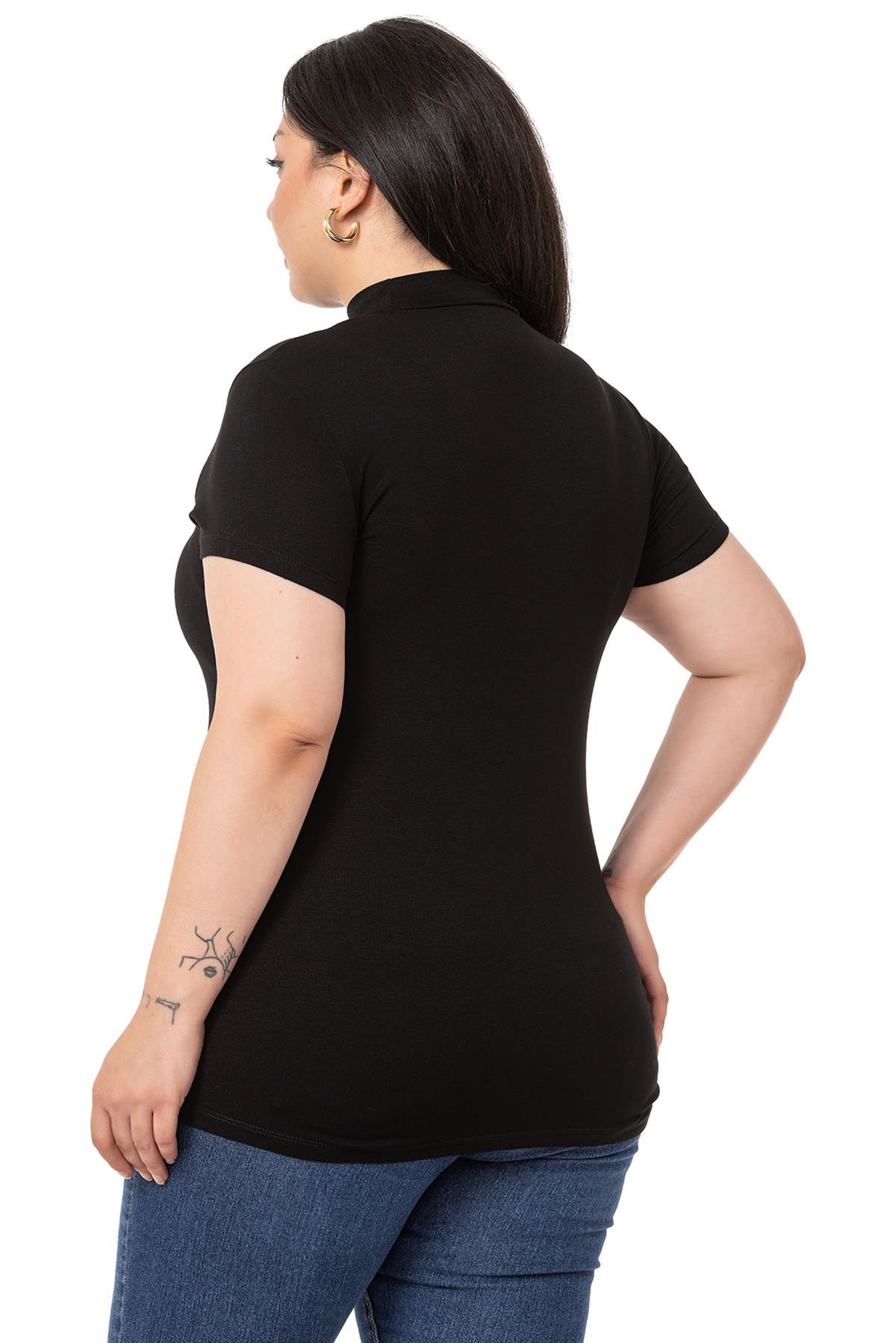 Büyük Beden Yarım Balıkçı Kısa Kollu Viskon Siyah Body