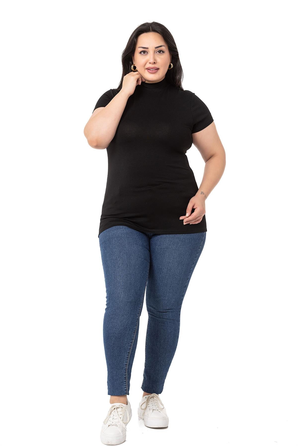 Büyük Beden Yarım Balıkçı Kısa Kollu Viskon Siyah Body