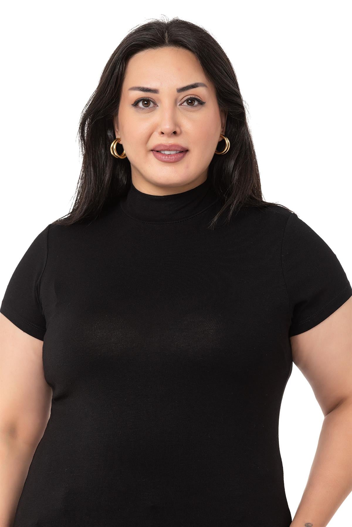 Büyük Beden Yarım Balıkçı Kısa Kollu Viskon Siyah Body