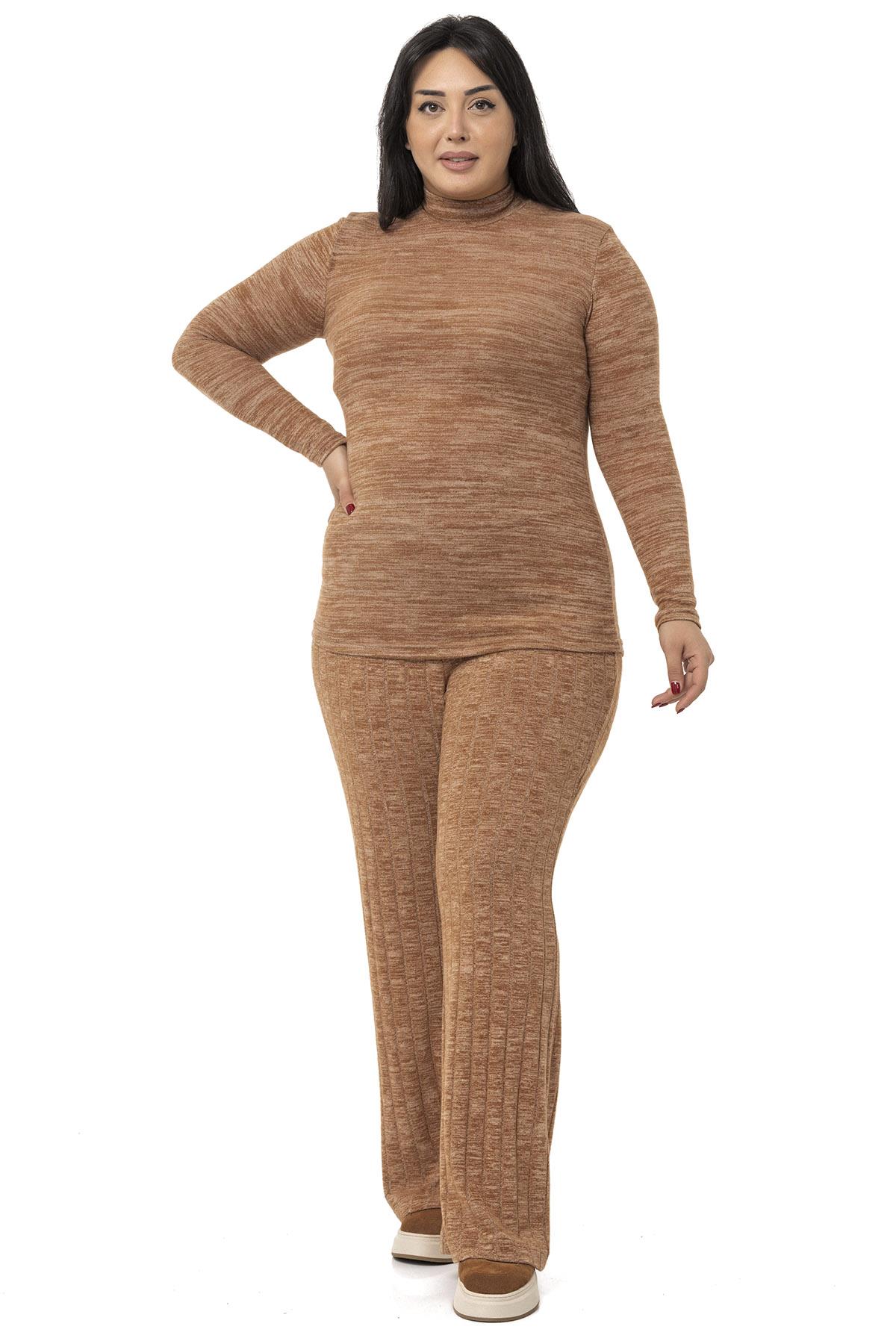 Büyük Beden Yarım Balıkçı Uzun Kollu Triko Kahverengi Body
