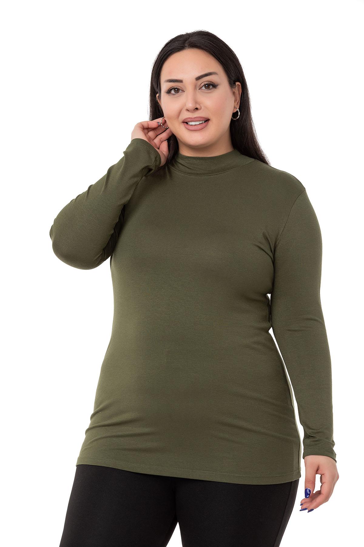 Büyük Beden Yarım Balıkçı Uzun Kollu Viskon Haki Body