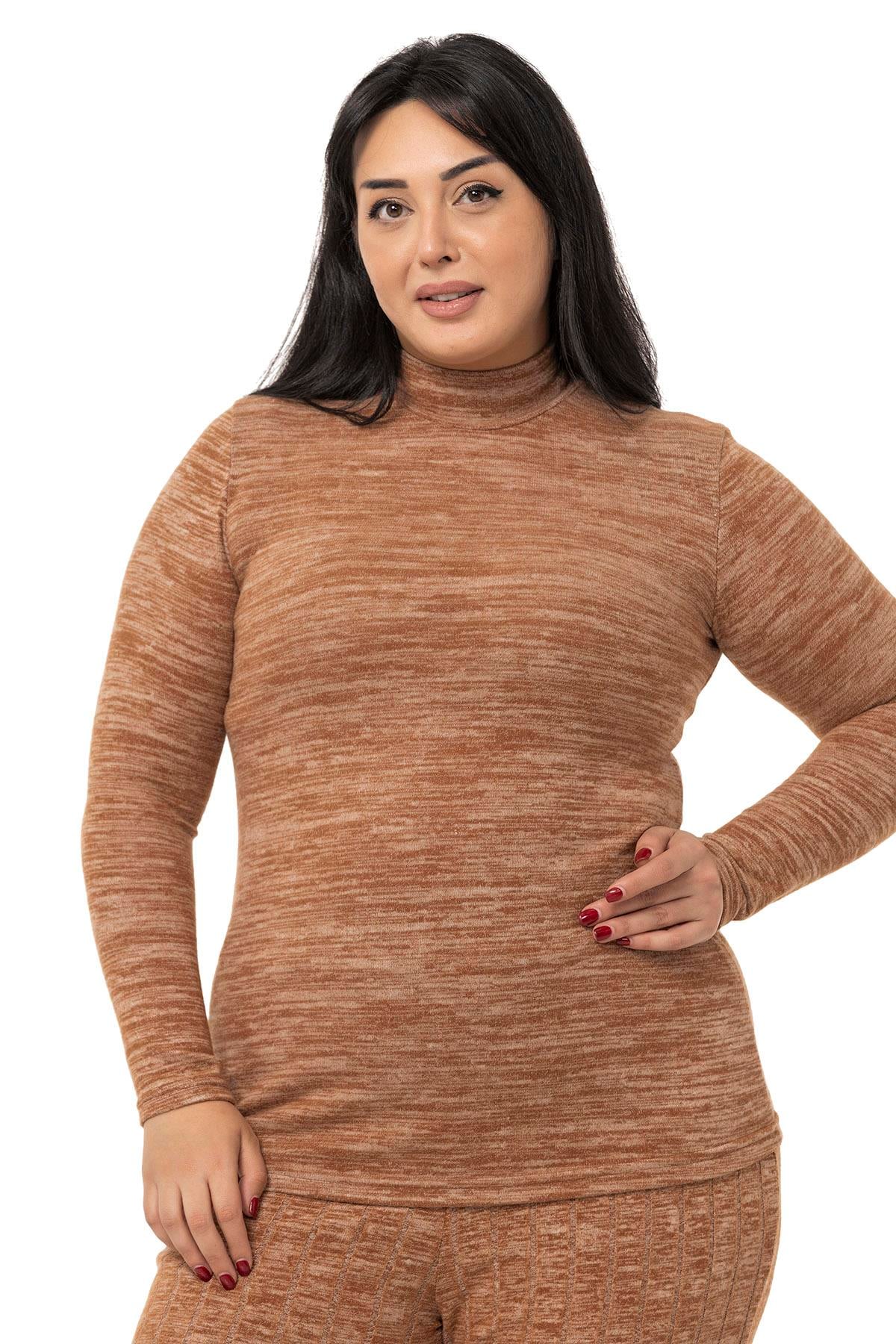 Büyük Beden Yarım Balıkçı Uzun Kollu Triko Kahverengi Body
