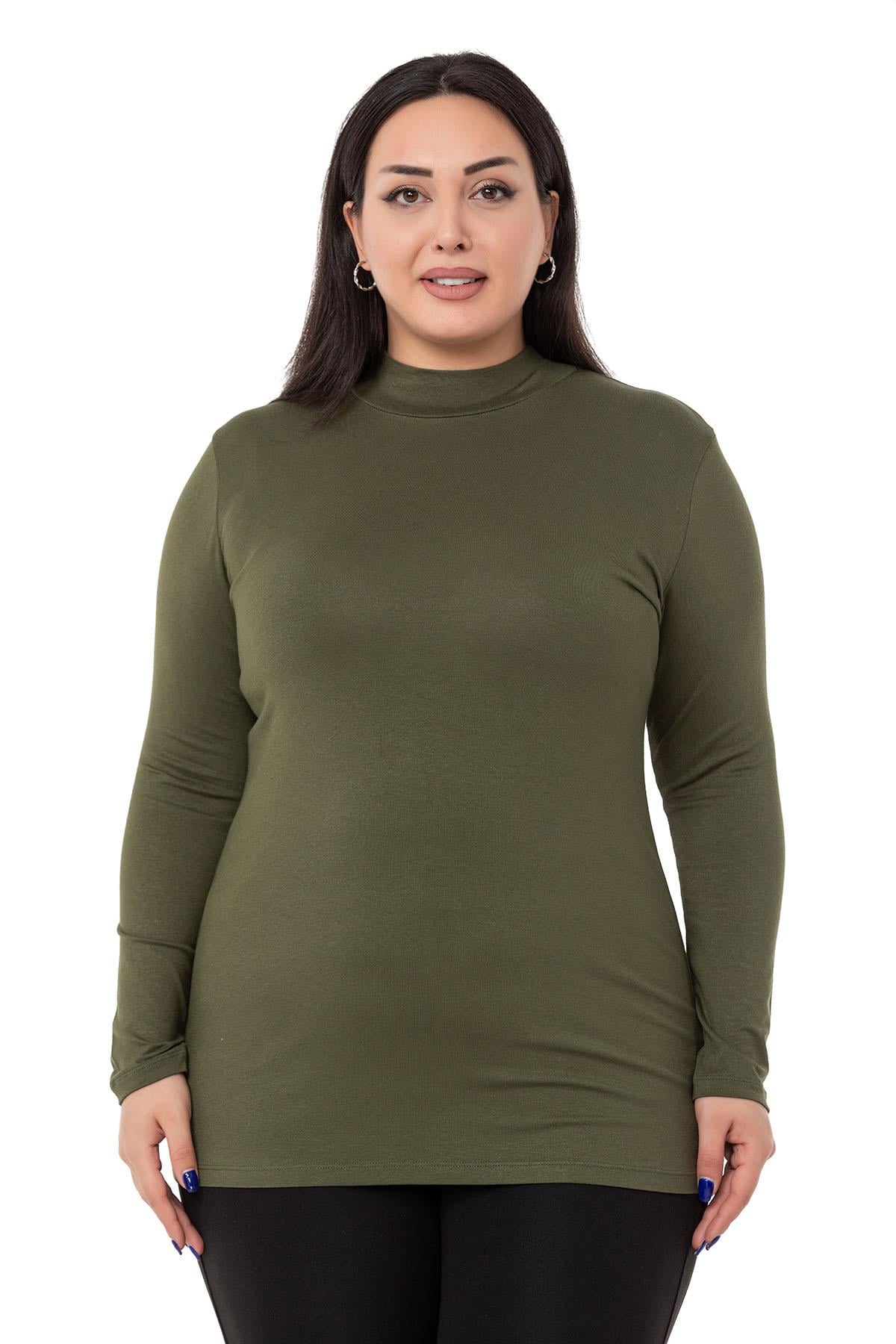 Büyük Beden Yarım Balıkçı Uzun Kollu Viskon Haki Body