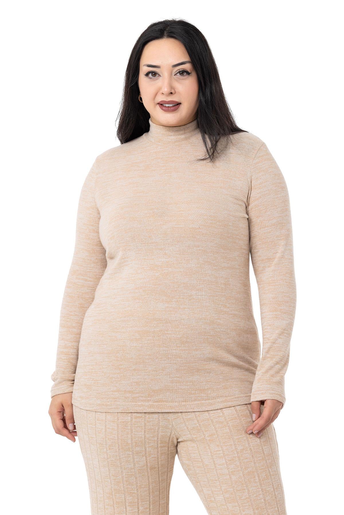Büyük Beden Yarım Balıkçı Uzun Kollu Triko Bej Rengi Body