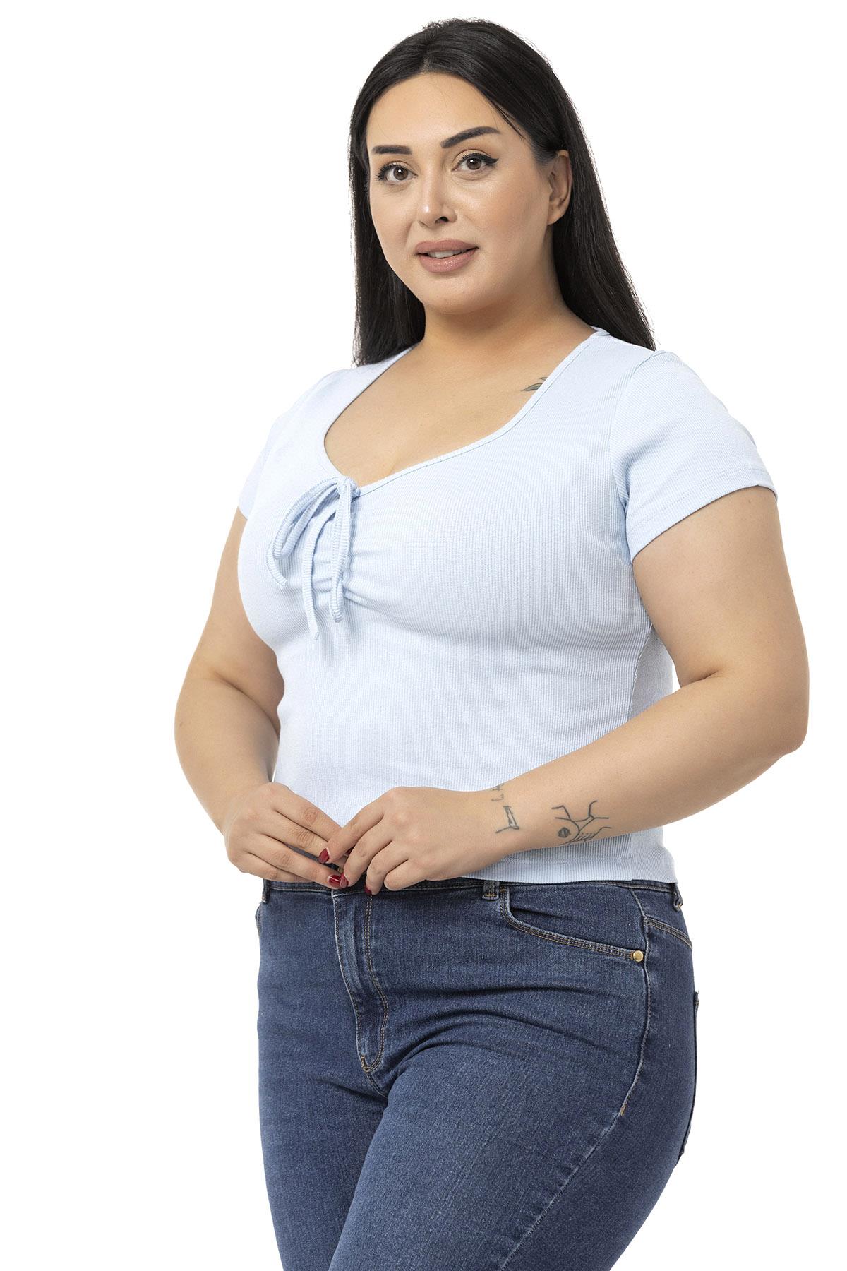 Büyük Beden Yarım Kollu Göğüste Bağcık Detaylı Kaşkorse Bebe Mavi Body