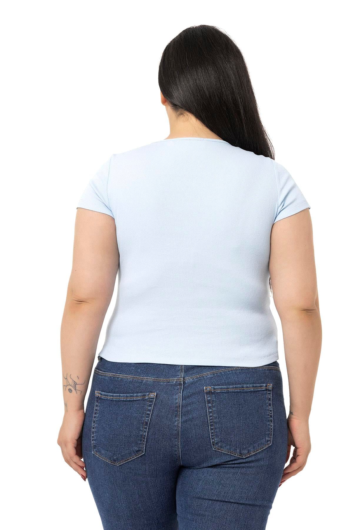Büyük Beden Yarım Kollu Göğüste Bağcık Detaylı Kaşkorse Bebe Mavi Body