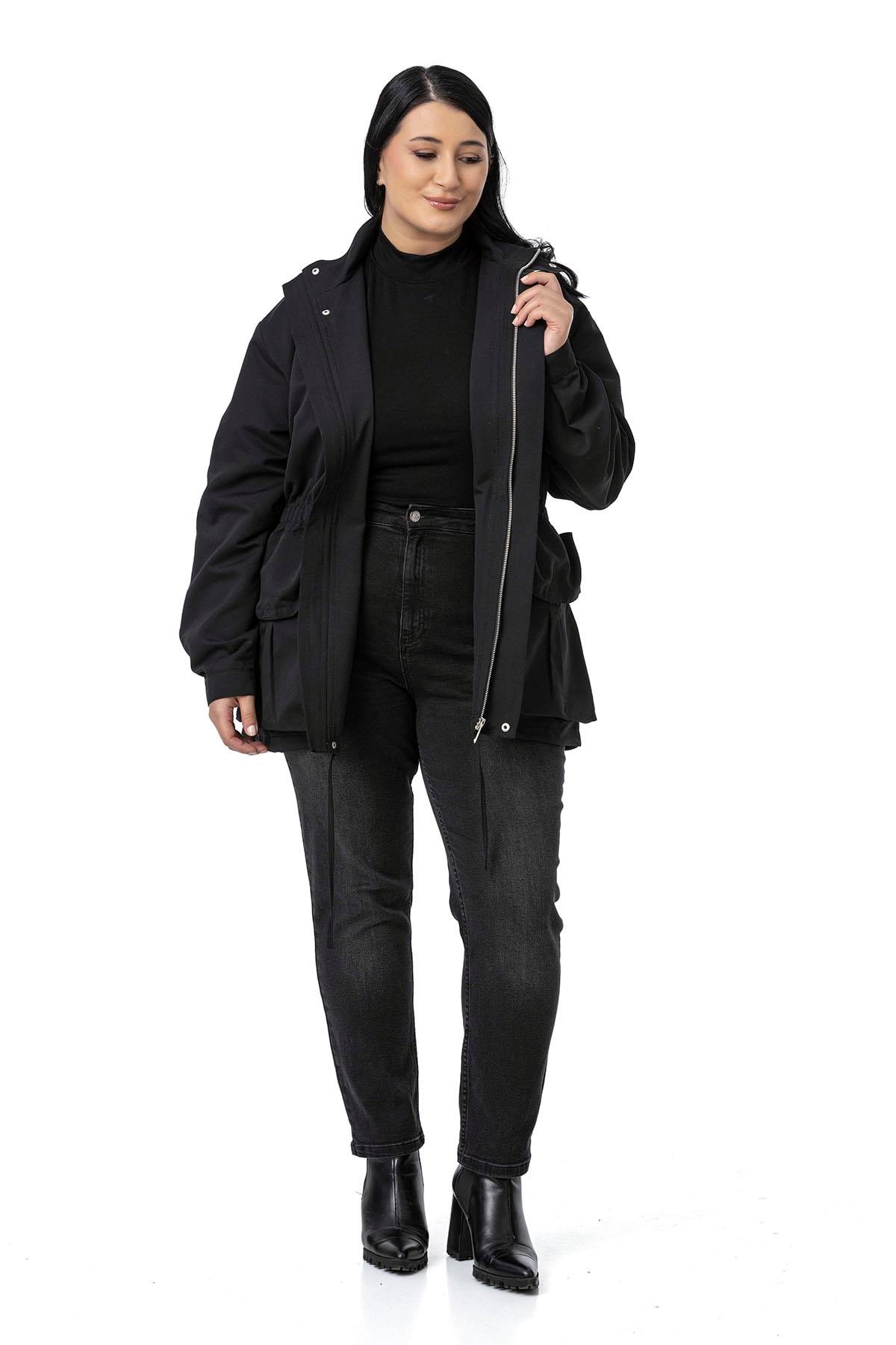 Plus Size Black Trench Coat with Snap and Zipper Closure