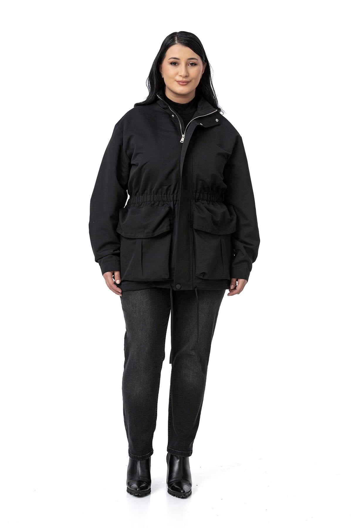 Plus Size Black Trench Coat with Snap and Zipper Closure