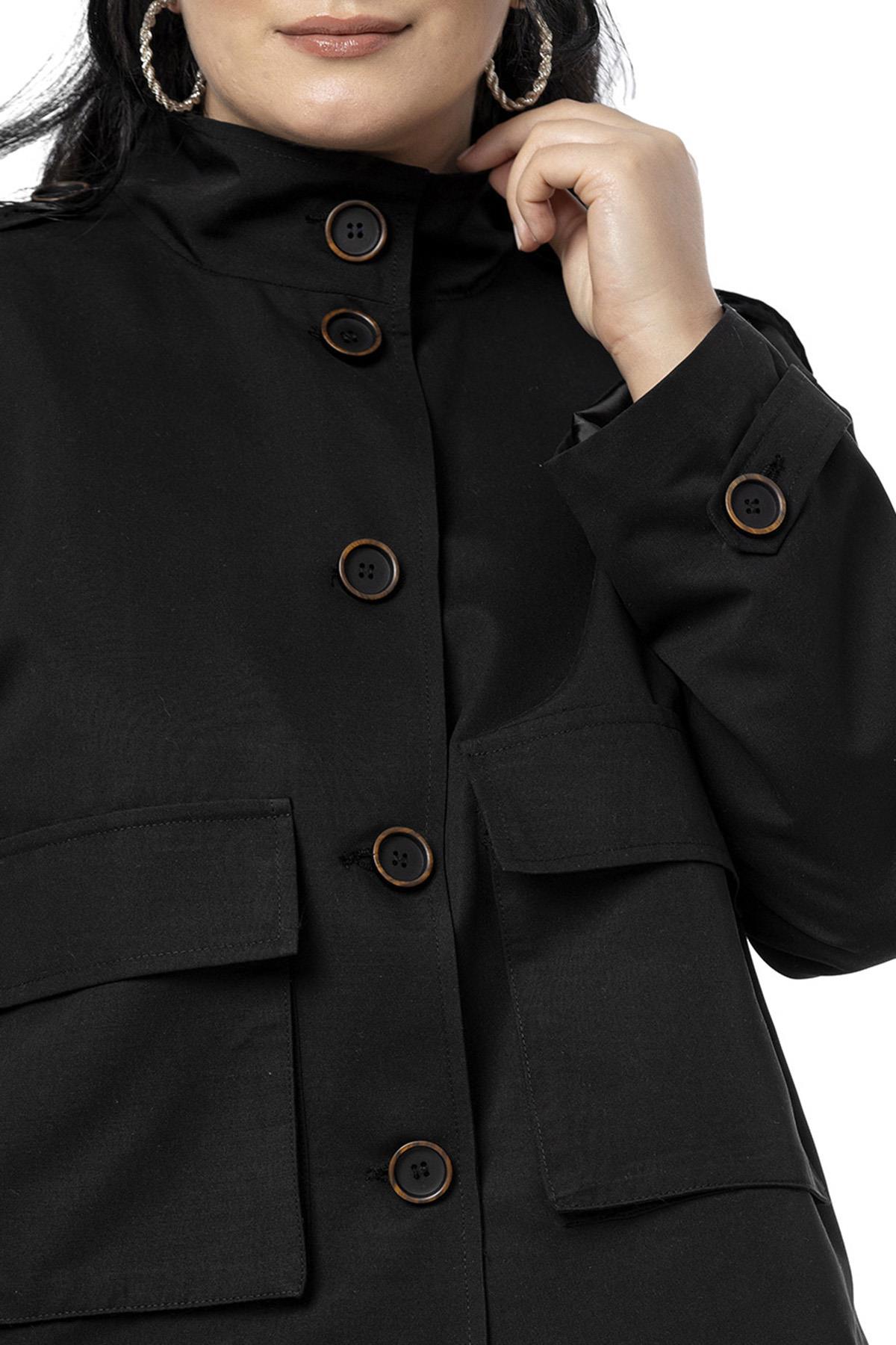 Büyük Beden Dik Yaka Kapaklı Torba Cepli Astarlı Kısa Siyah Trençkot