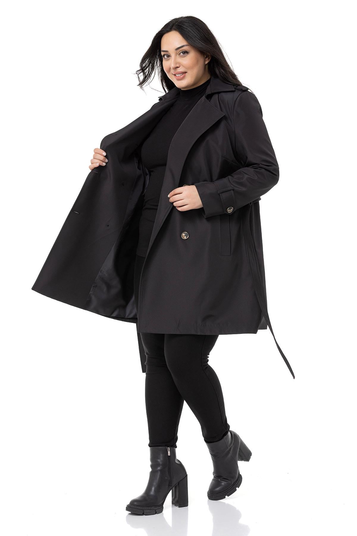 Plus Size Double Breasted Belted Lined Black Trench Coat