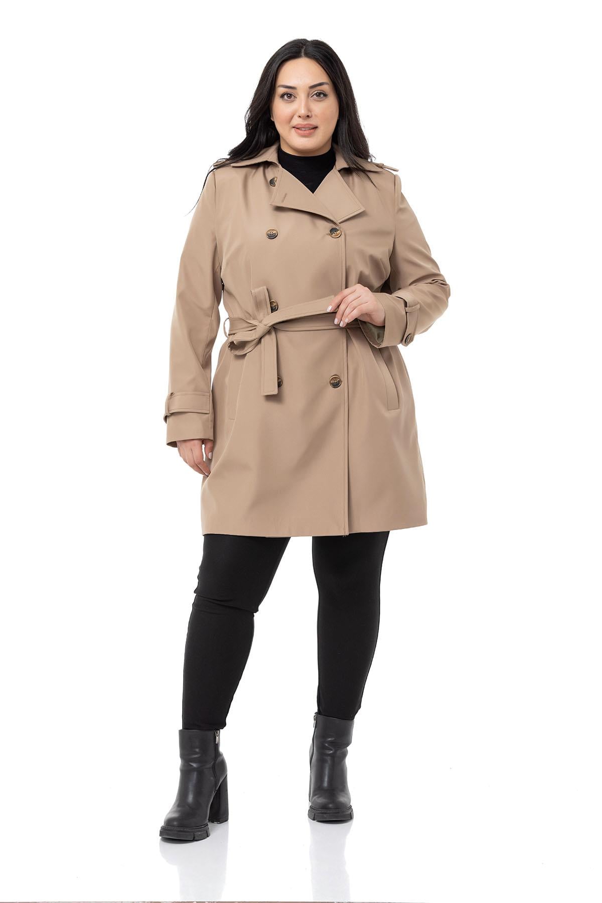 Plus Size Double Breasted Belted Lined Beige Trench Coat