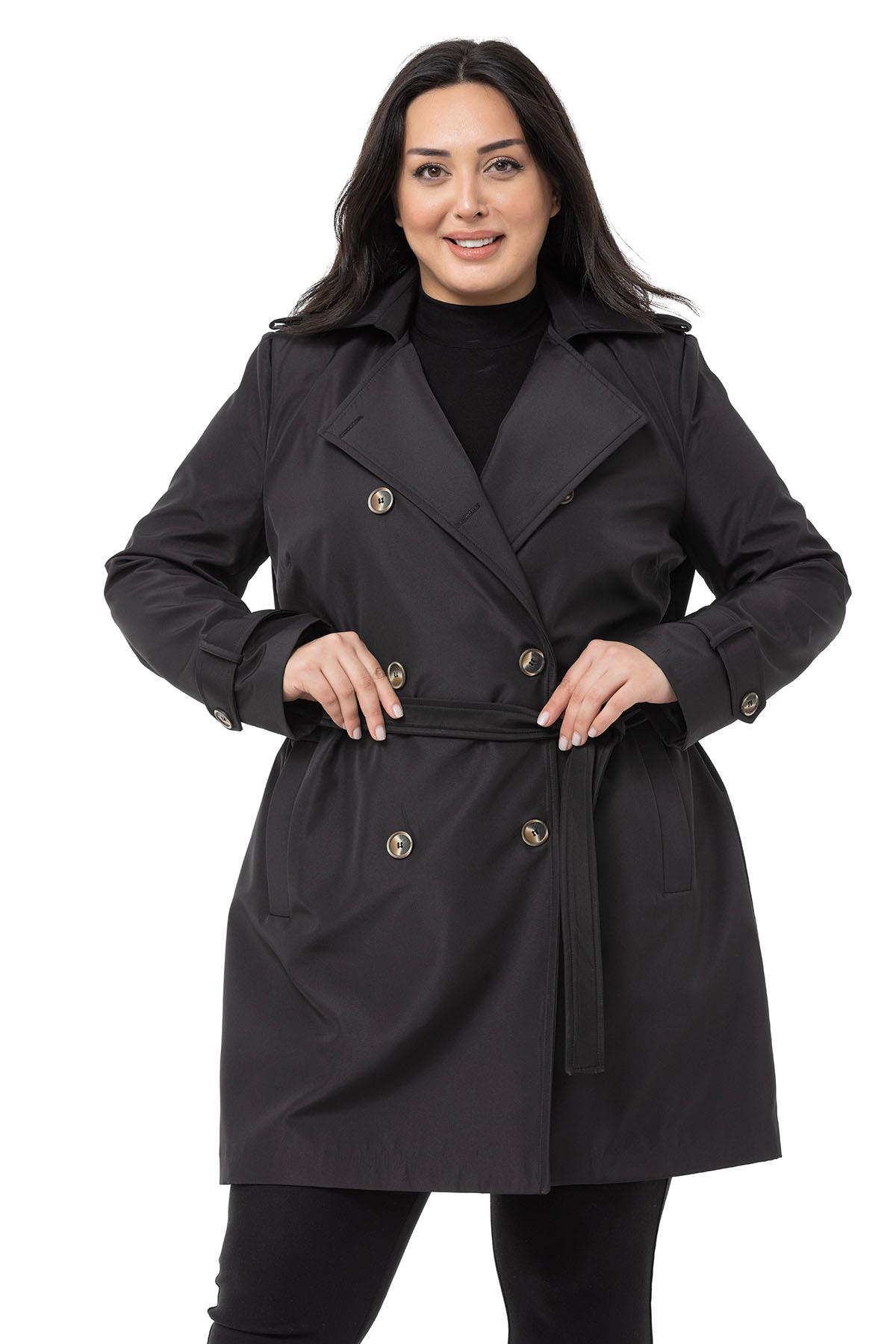 Plus Size Double Breasted Belted Lined Black Trench Coat